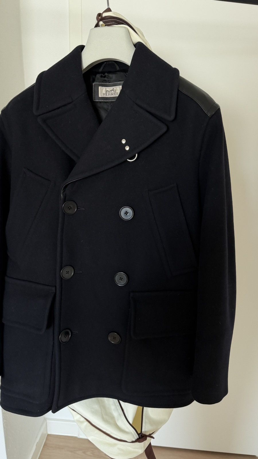Hermes $8,900 FW23 Navy Black Leather and Wool Runway Coat Size US M / EU 48-50 / 2 - 3 Thumbnail