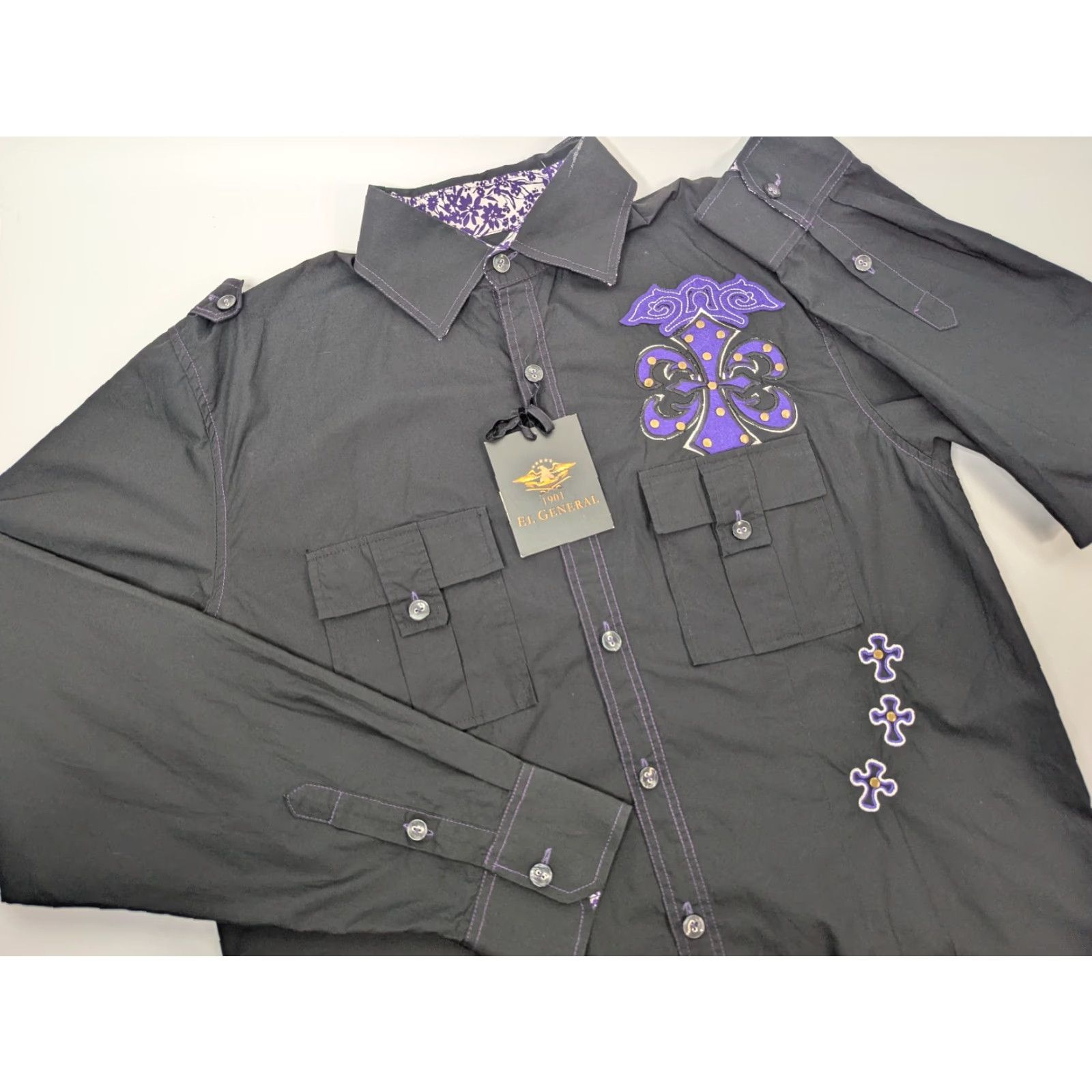Vintage El General Shirt Button Long Sleeve XL Black Purple Rock n' Roll Mens Shirt Size US XL / EU 56 / 4 - 3 Thumbnail
