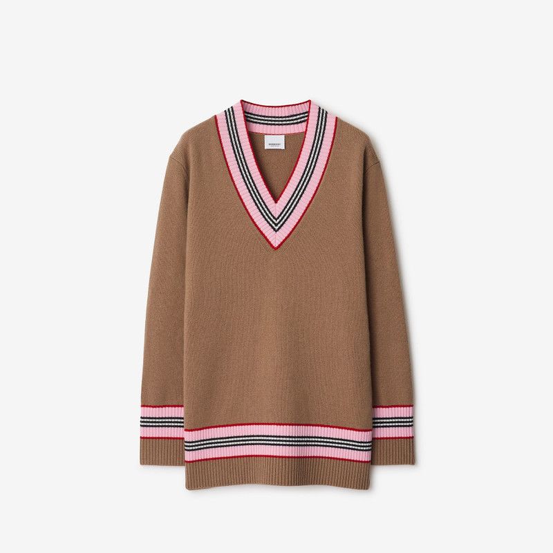 Burberry o1w1db10426 Icon Stripe Cashmere Sweater in Camel Size L / US 10 / IT 46 - 1 Preview