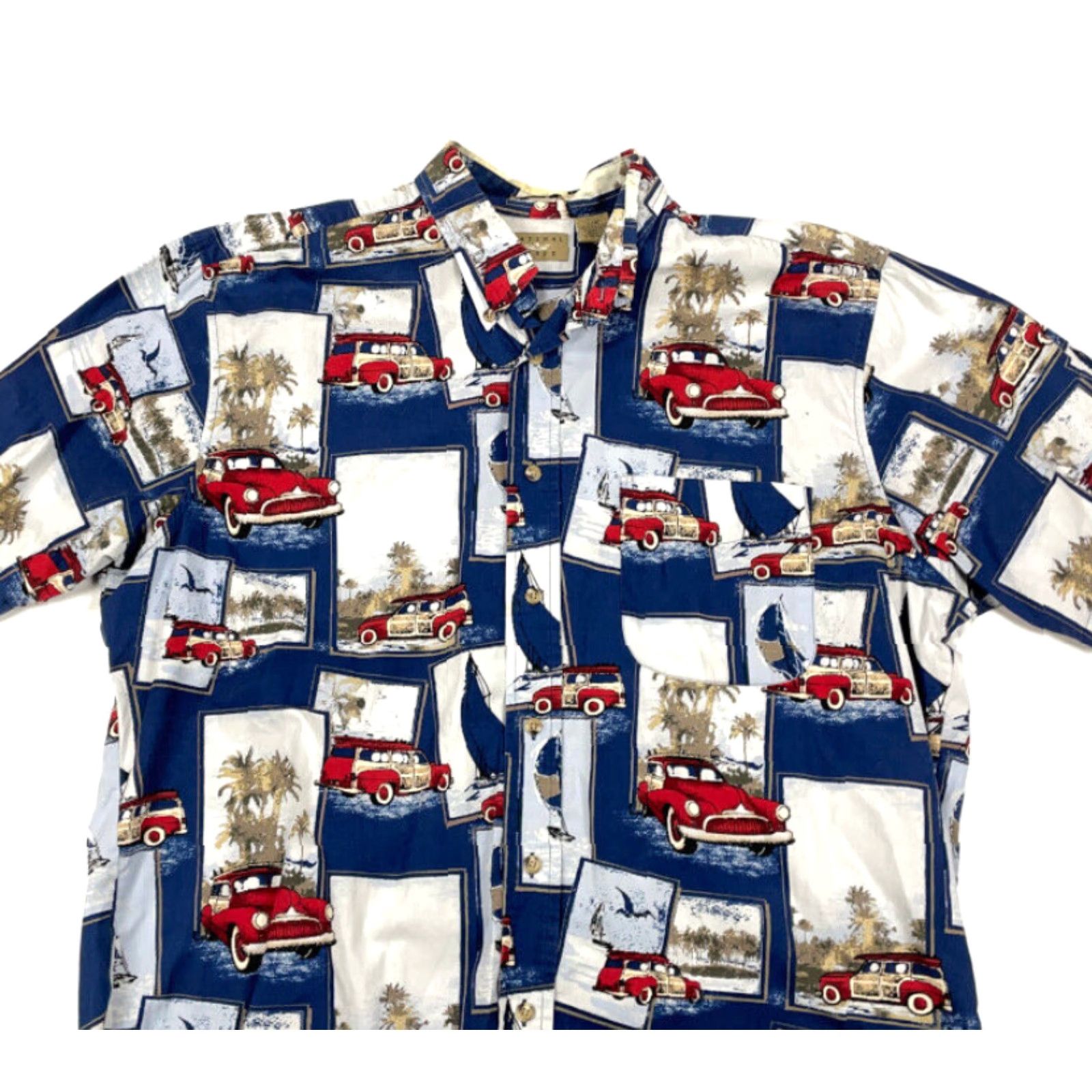 Vintage Natural Issue Shirt Adult Large Blue Car All-Over Print Short Sleeve Button-Front Cotton Casual 50s Cars Retro Mens Size US L / EU 52-54 / 3 - 3 Thumbnail