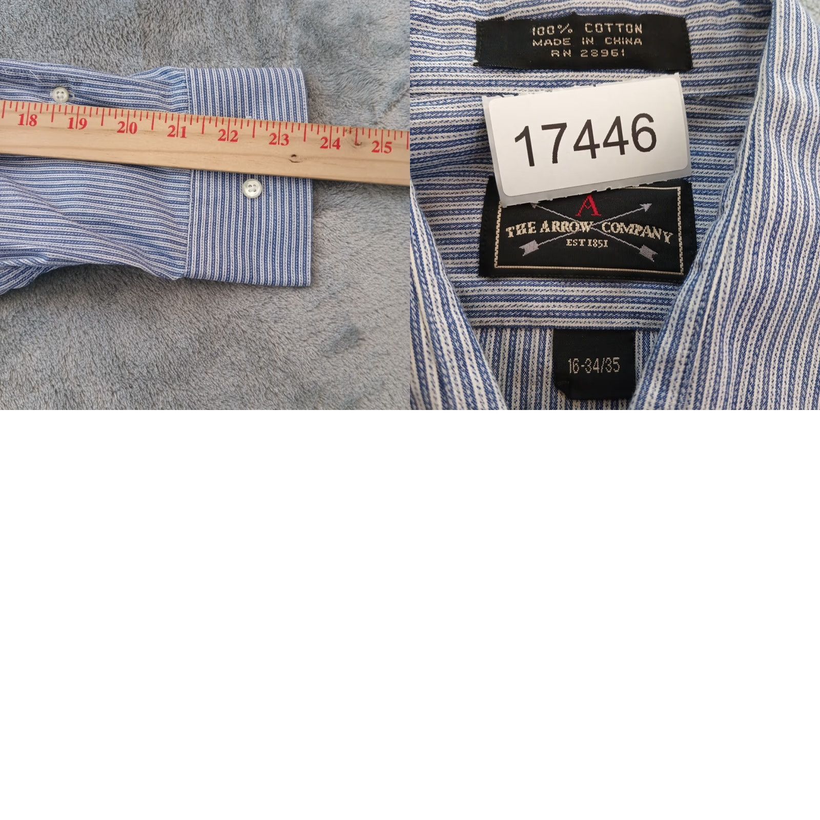 Arrow Arrow Shirt Mens Regular 16 Blue Striped Long Sleeve Button-Up Pockets Cotton Size US L / EU 52-54 / 3 - 8 Thumbnail