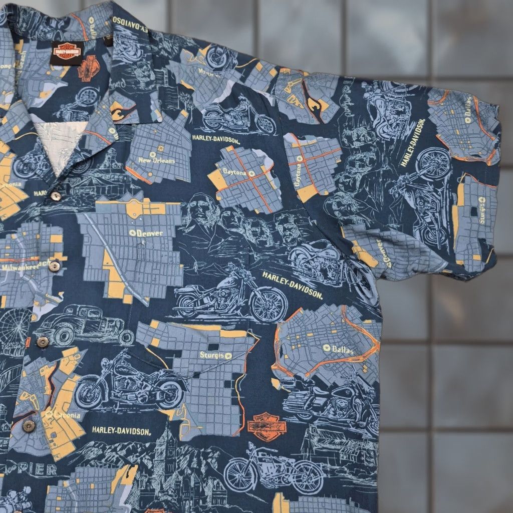 Harley Davidson Harley-Davidson Button Up Shirt Mens 3XL Blue Map Motorcycle Short Sleeve Size US XXL / EU 58 / 5 - 1 Thumbnail