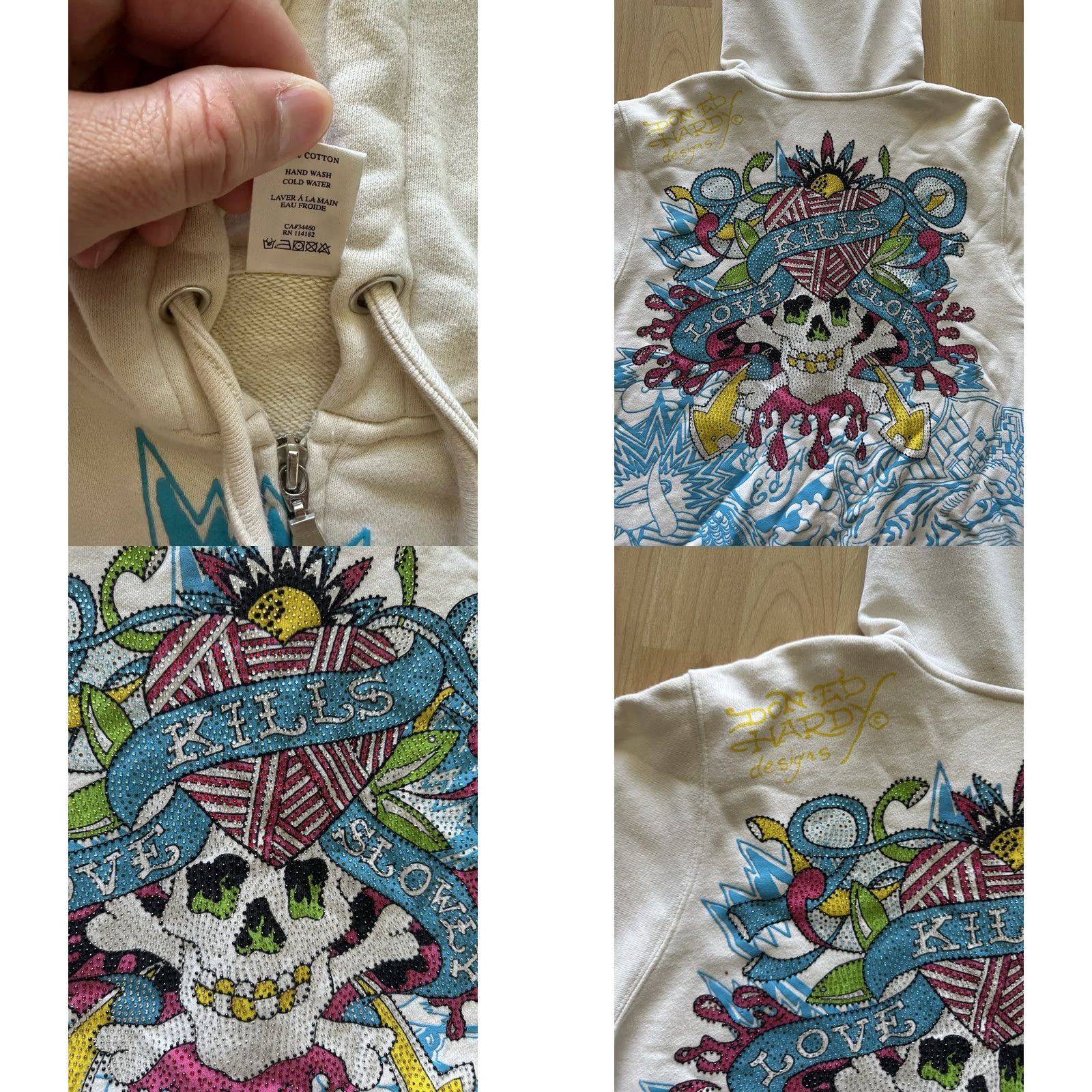 Ed Hardy VTG Ed Hardy AOP Hoodie Womens Small Cream Multicolor Floral Zip Up Hooded Pockets 2000s Y2K Unique USA England Style Womens Size S / US 4 / IT 40 - 8 Thumbnail