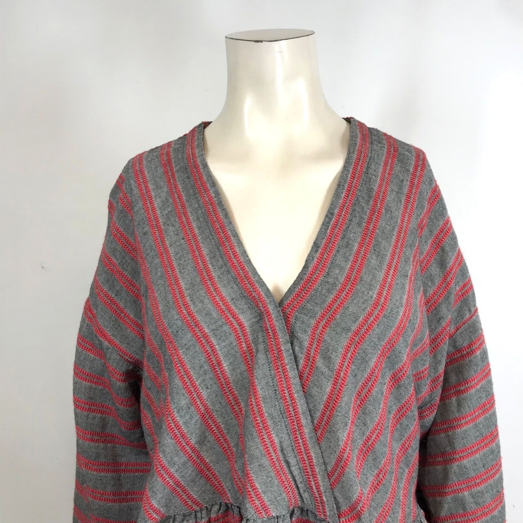 Madewell Madewell Striped V Neck Peplum Top Red Grey XL Cotton Blend Boho Casual Blouse Size XL / US 12-14 / IT 48-50 - 2 Thumbnail