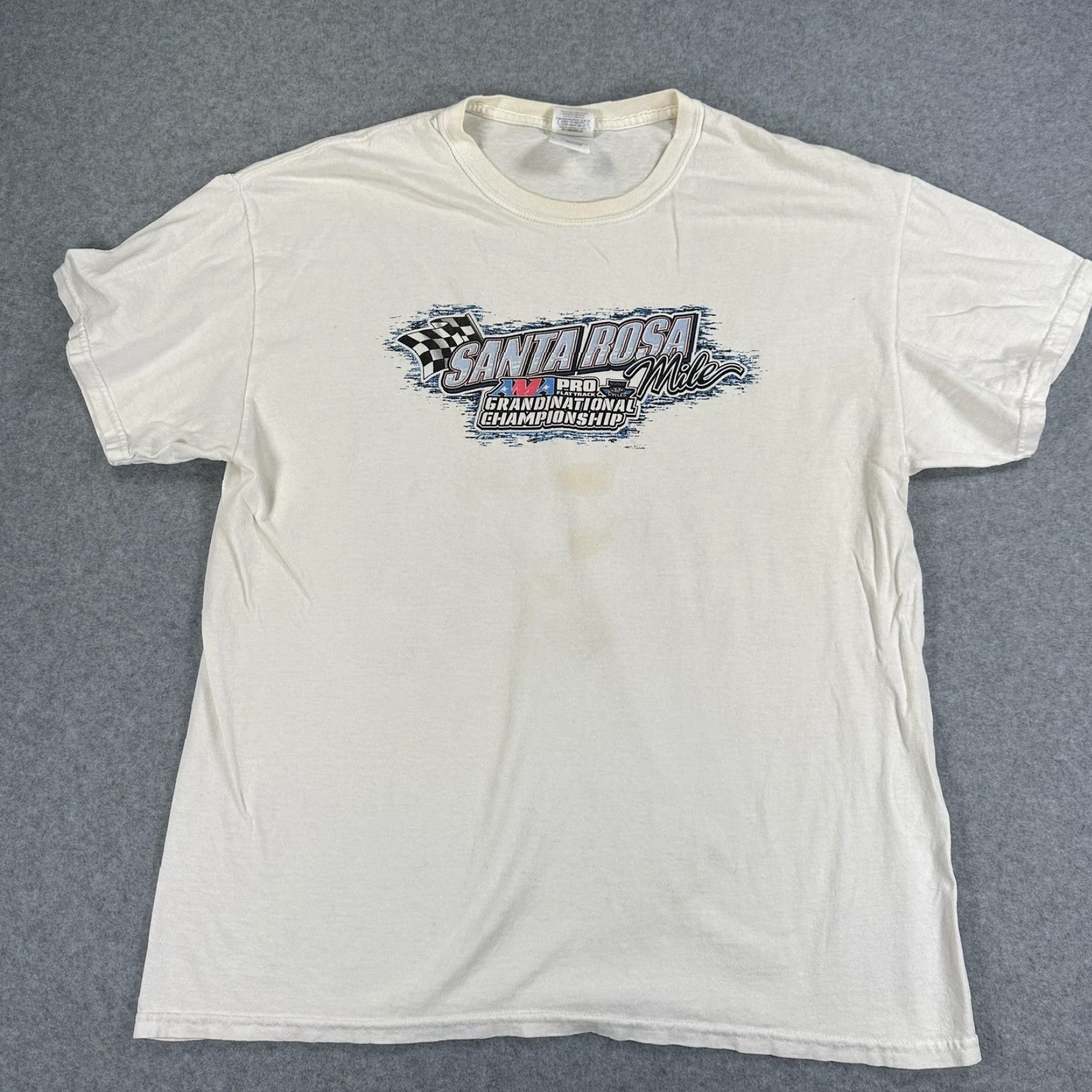 Gildan Santa Rosa Mile Shirt Mens L White Gildan Heavy Cotton Graphic Tee Racing Motorcycle AMA Pro Flat Track Back Logo Front Chest Crew Neck Short Sleeve Size US L / EU 52-54 / 3 - 6 Thumbnail