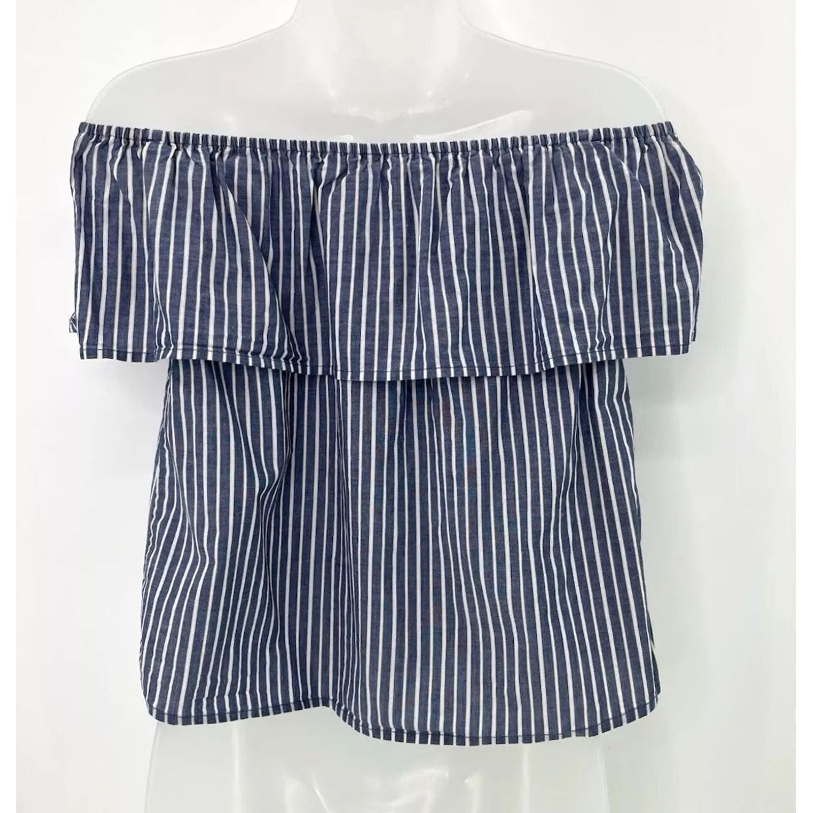 Vintage Xhilaration Blue & White Striped Off Shoulder 100% Cotton Blouse M Women Size M / US 6-8 / IT 42-44 - 2 Thumbnail