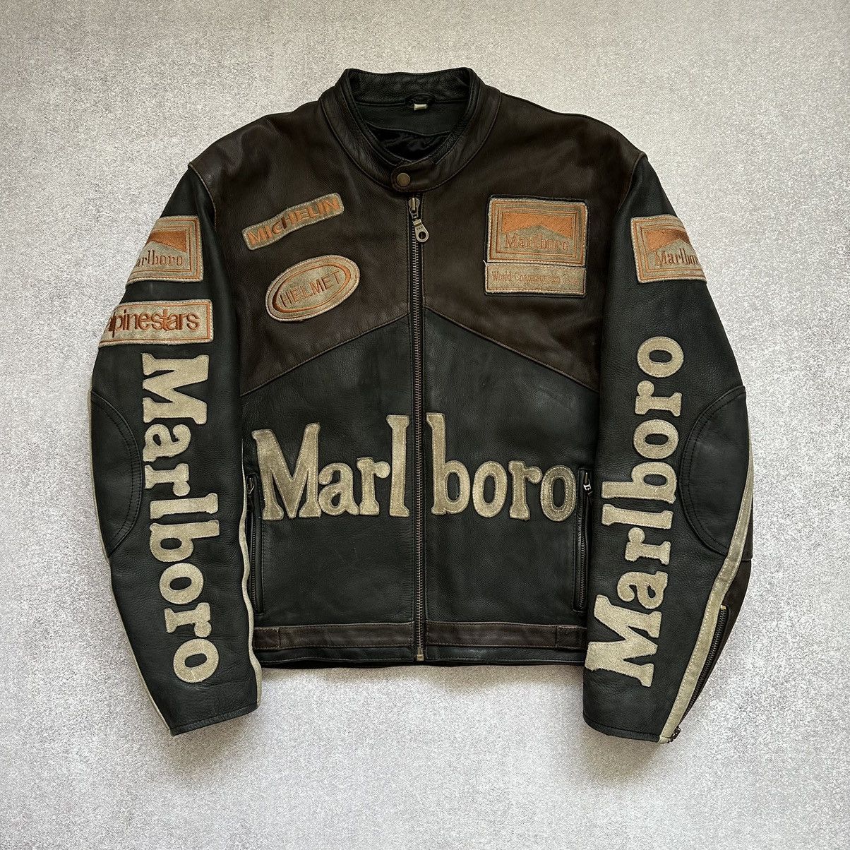 image of Leather Jacket x Marlboro Vintage Marlboro Leather Moto Grand Prix Racer Jacket in Brown (Size Smal