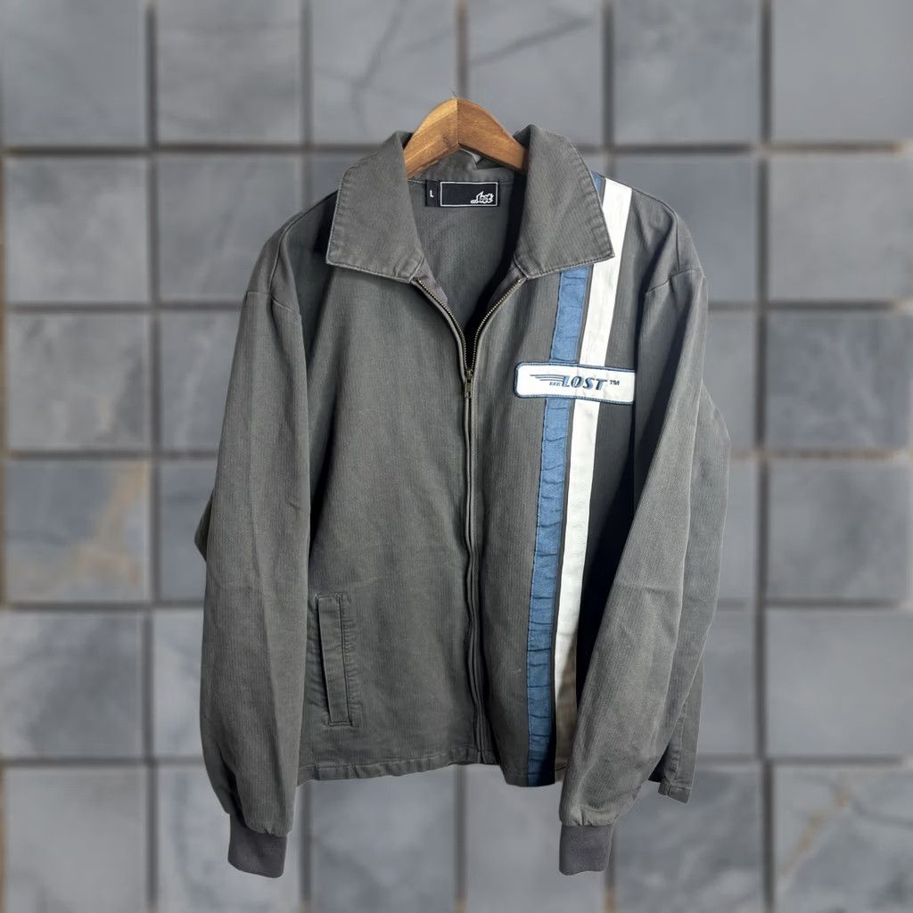 Logo 7 ...Lost Mens Large Gray Cotton Full Zip Striped Logo Bomber Jacket Size US L / EU 52-54 / 3 - 1 Thumbnail