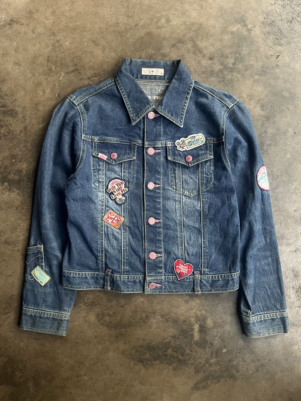 2000s Angel Blue Japanese Y2k Embroidery Patch Denim Jacket
