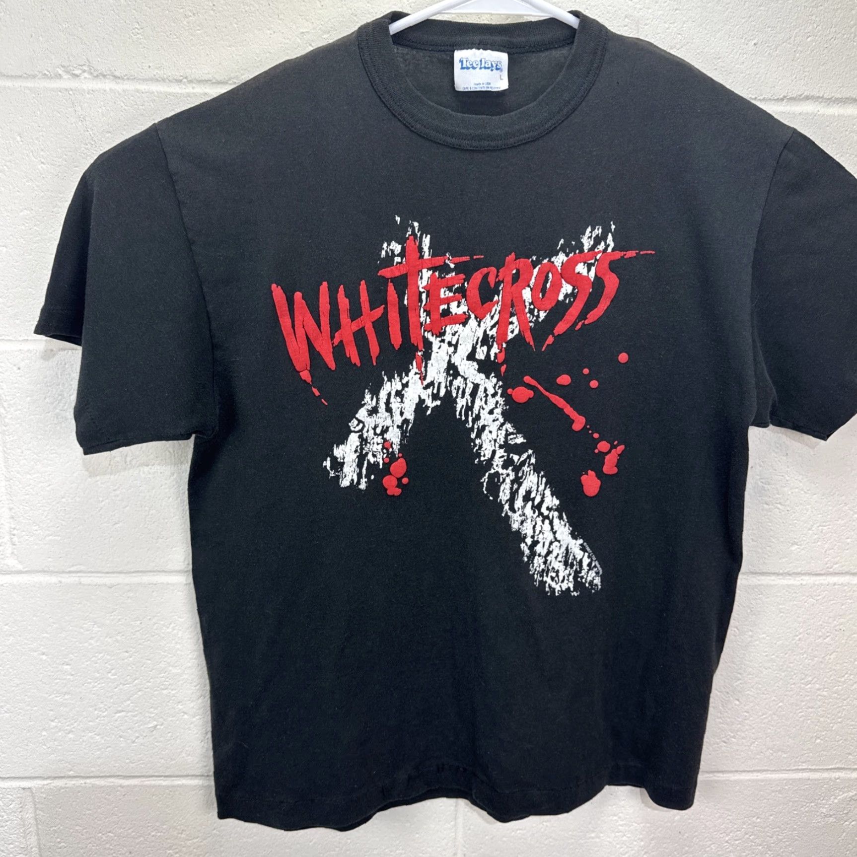TEE JAYS VINTAGE White Cross T-Shirt Large Black 80s Christian Metal Graphic Print Unisex Adults Size US L / EU 52-54 / 3 - 2 Thumbnail