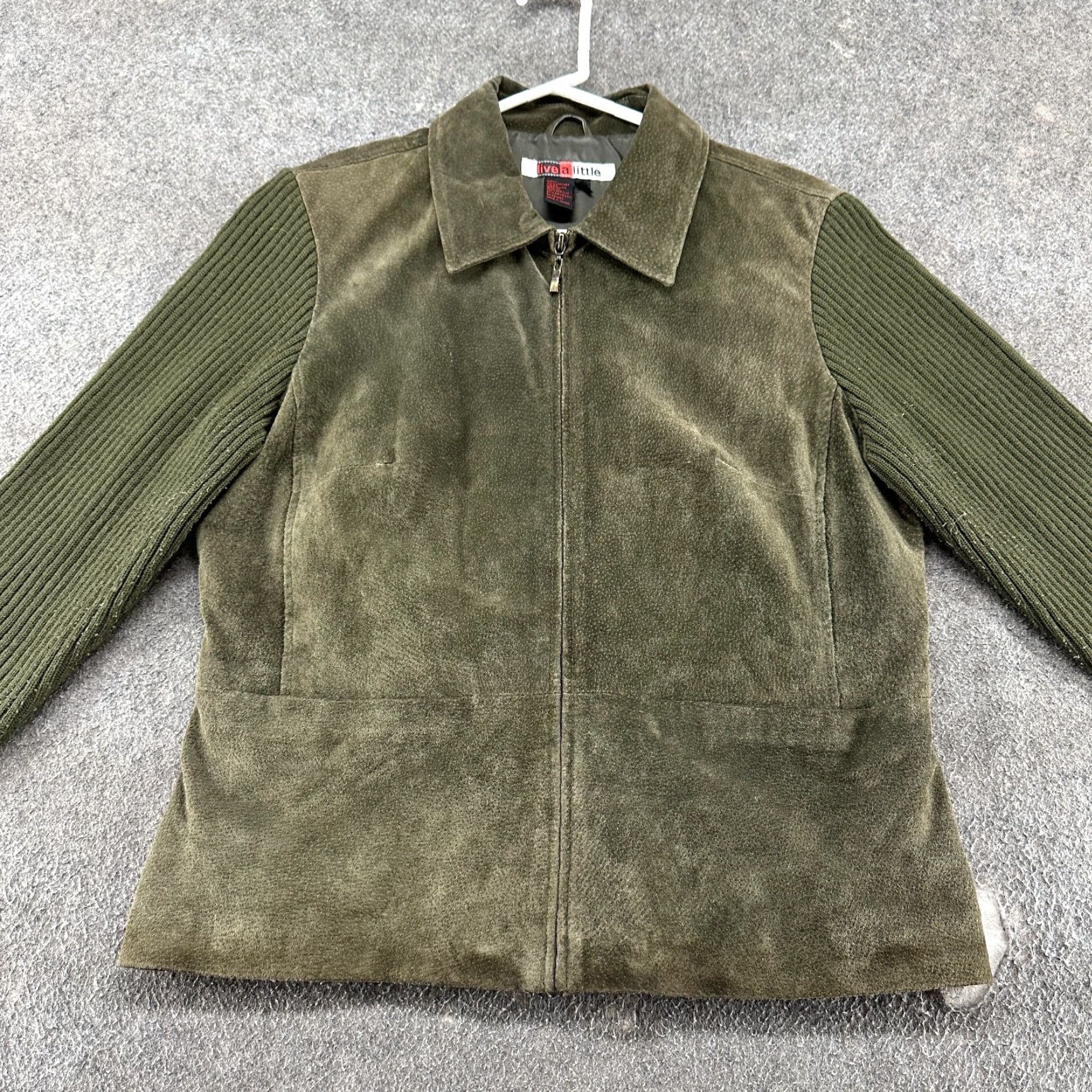 Olive VINTAGE Live a Little Jacket Women L Green Suede Leather Ribbed Knit 90s Size L / US 10 / IT 46 - 4 Thumbnail