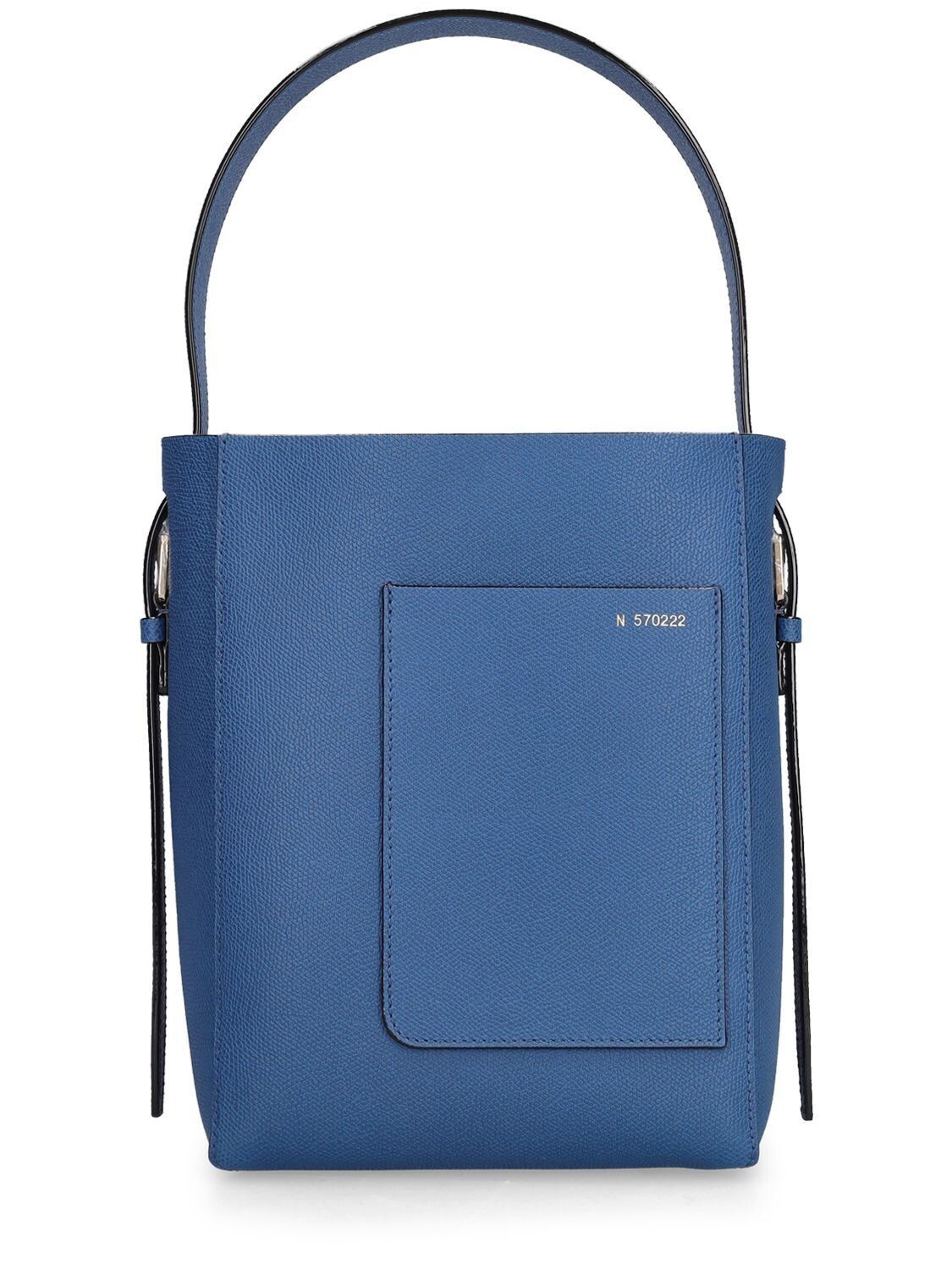 VALEXTRA Bucket Small Denim Blue Leather Tote Bag New