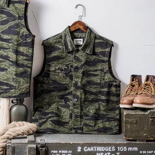 image of Vintage Full Pattern Tiger Camo Multi Function Vest, Men's (Size Large)
