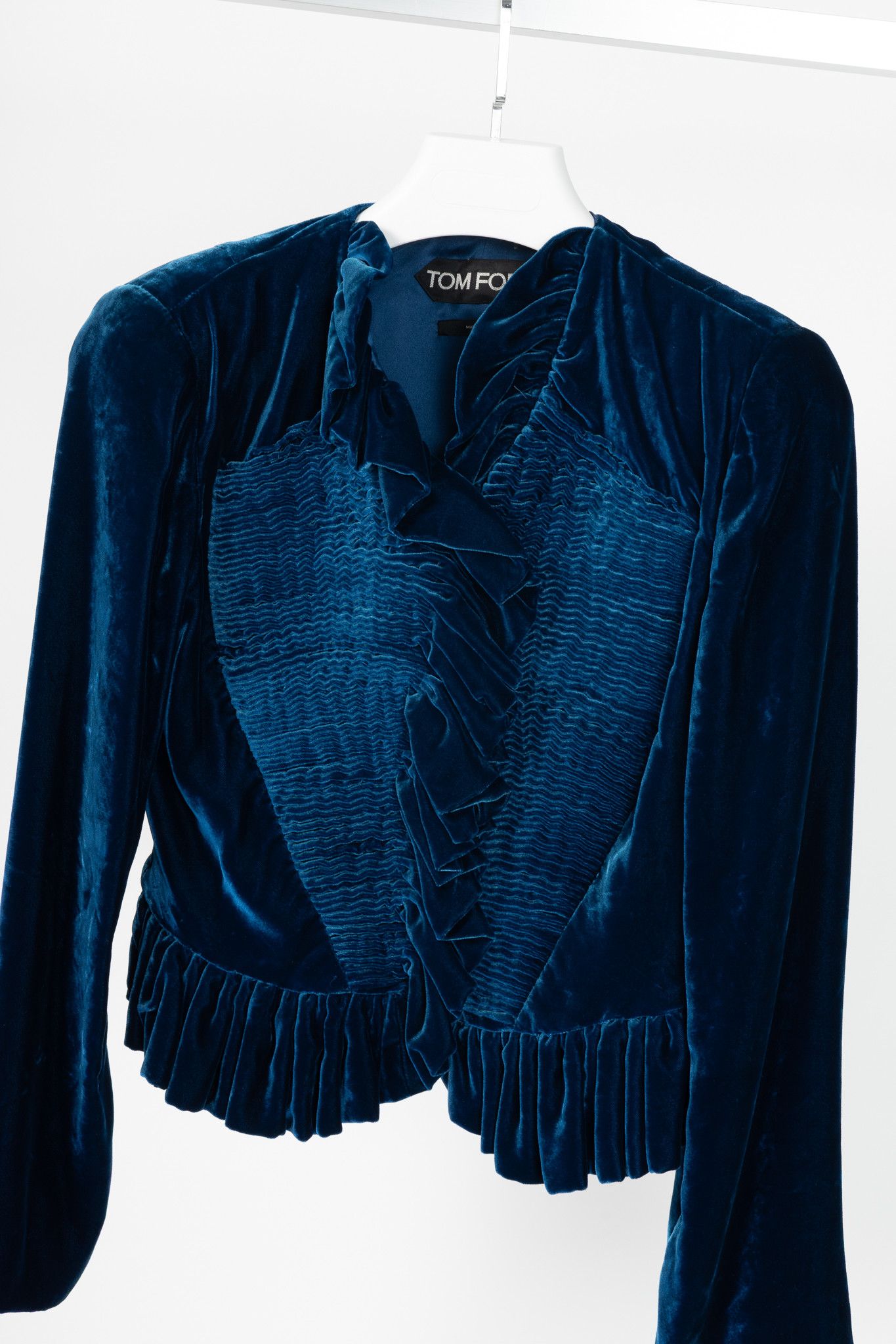 Tom Ford Tom Ford AW11 Blue Velvet Pleated Ruffle Peplum Jacket Size L / US 10 / IT 46 - 3 Thumbnail