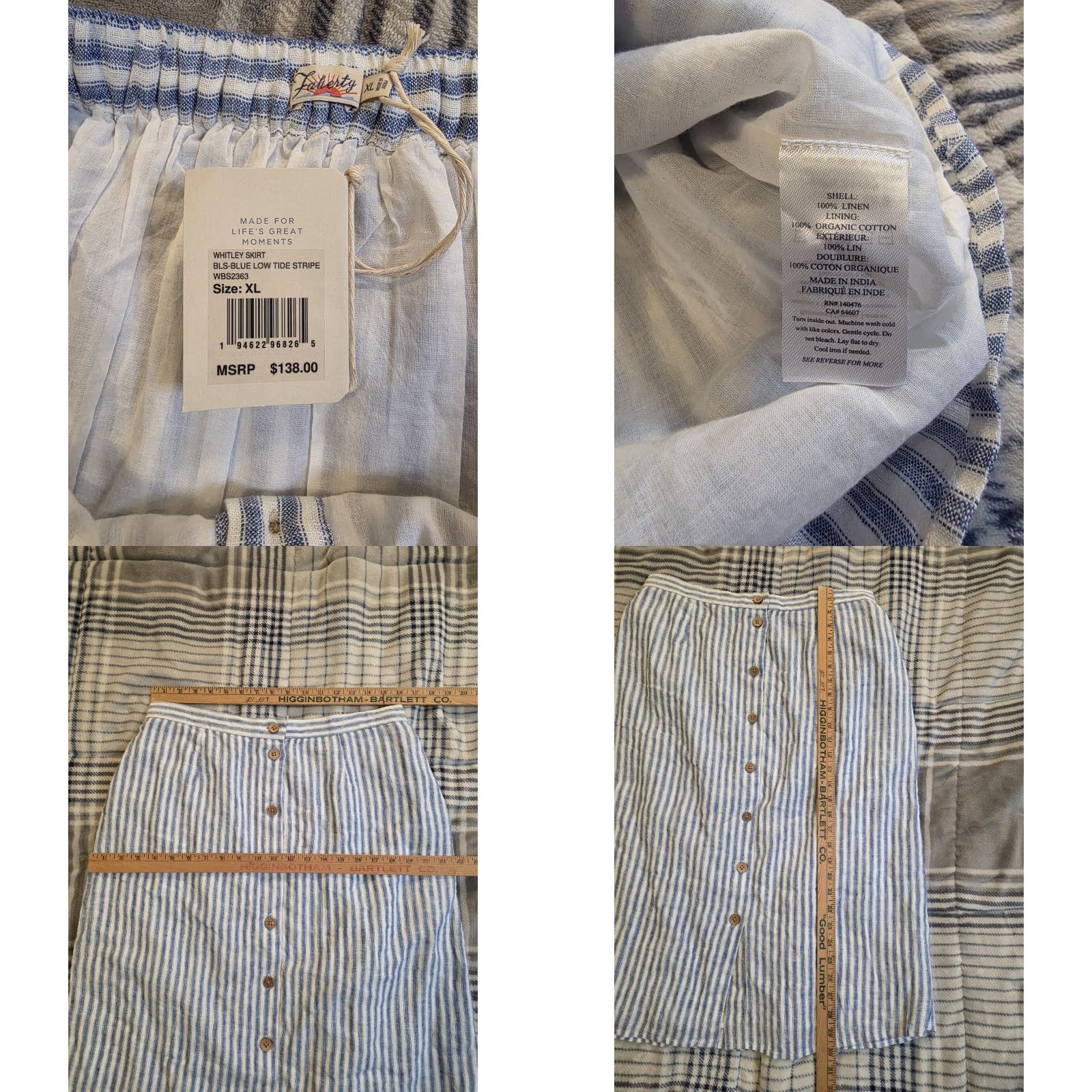 Faherty Faherty Whitley Linen Button Front Skirt Low Tide Stripe Blue Womens XL NEW NWT Size 40" / US 18 - 8 Thumbnail