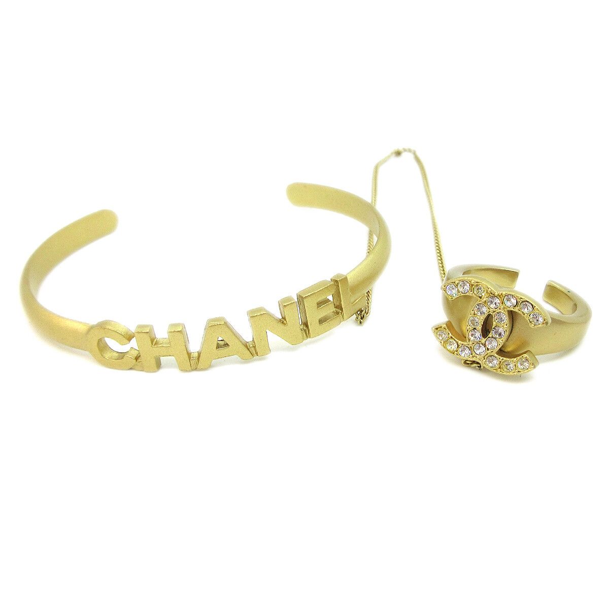 Chanel Chanel Logo Bangle with Chain Attached CC Ring Metal with Crystal Size ONE SIZE - 1 Thumbnail