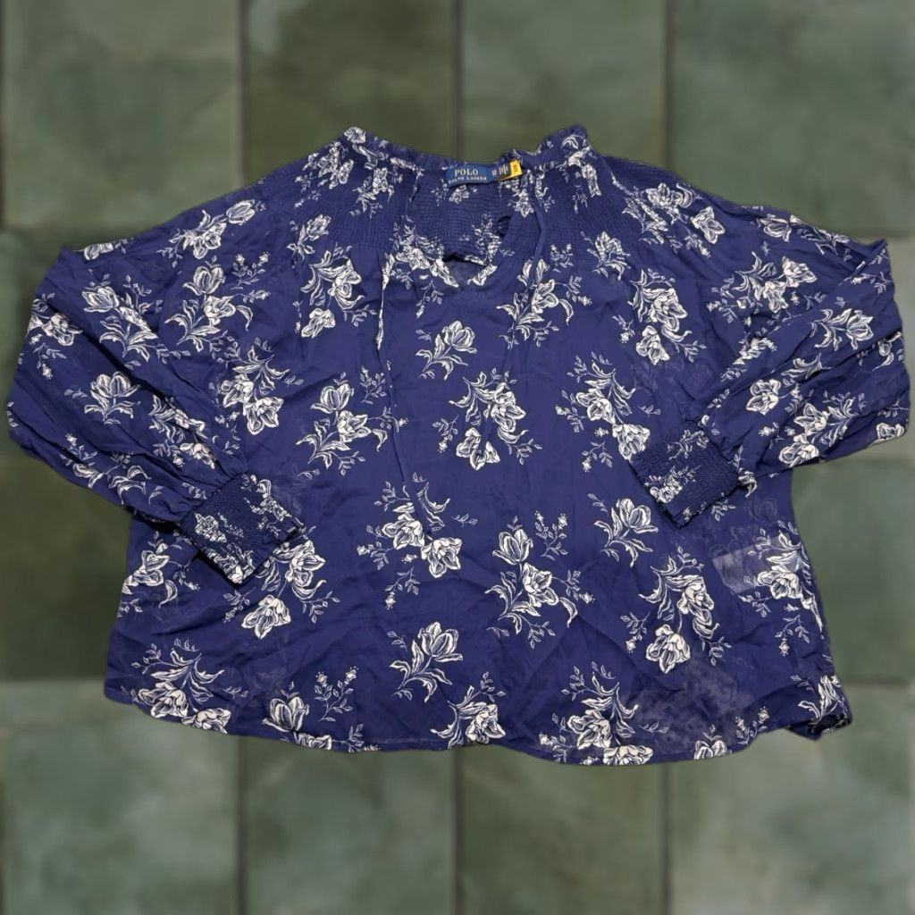 Polo Ralph Lauren Polo Ralph Lauren Blouse Viscose Floral-Print Blue XS 3/4 Sleeve Tie Under Shirt Women's Regular Sizes Size XS / US 0-2 / IT 36-38 - 1 Thumbnail