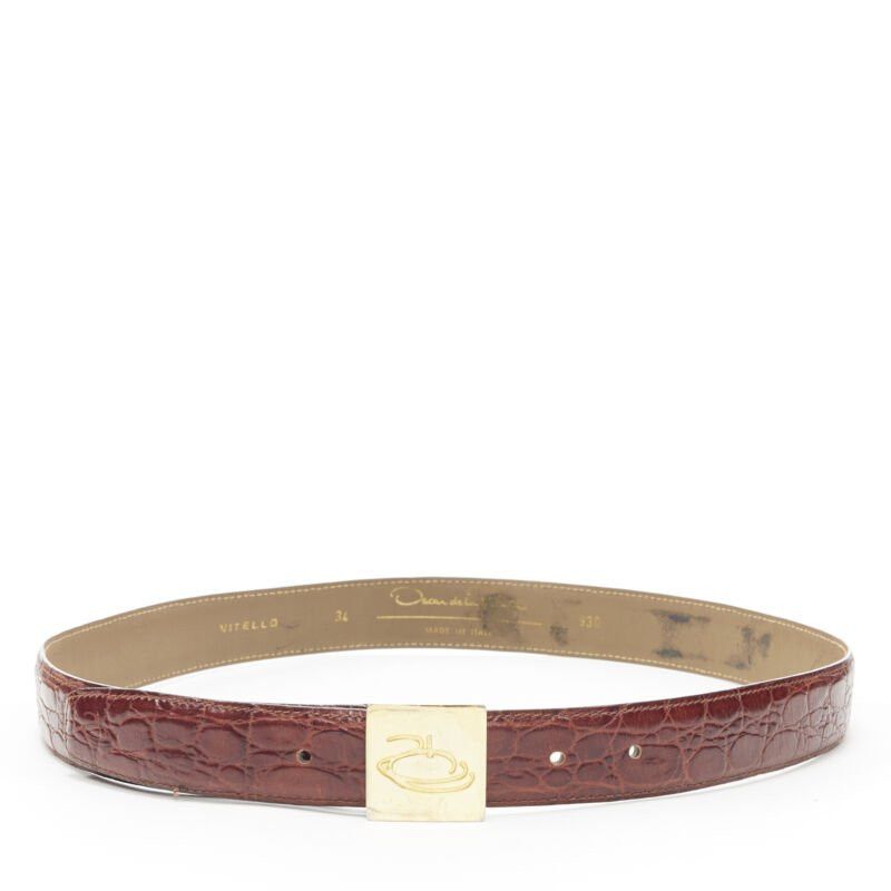 Oscar De La Renta OSCAR DE LA RENTA brown stamped mock croc gold logo buckle belt 32"-36" Size ONE SIZE - 1 Thumbnail