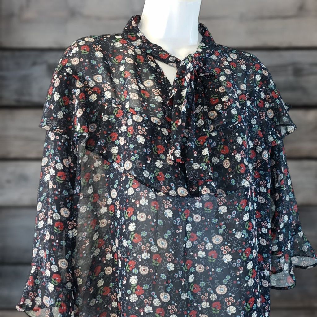 Vintage VINTAGE LeShop Womens Blouse Sz Small Blue Red Floral Sheer 3/4 Sleeve Ruffle Size S / US 4 / IT 40 - 1 Thumbnail