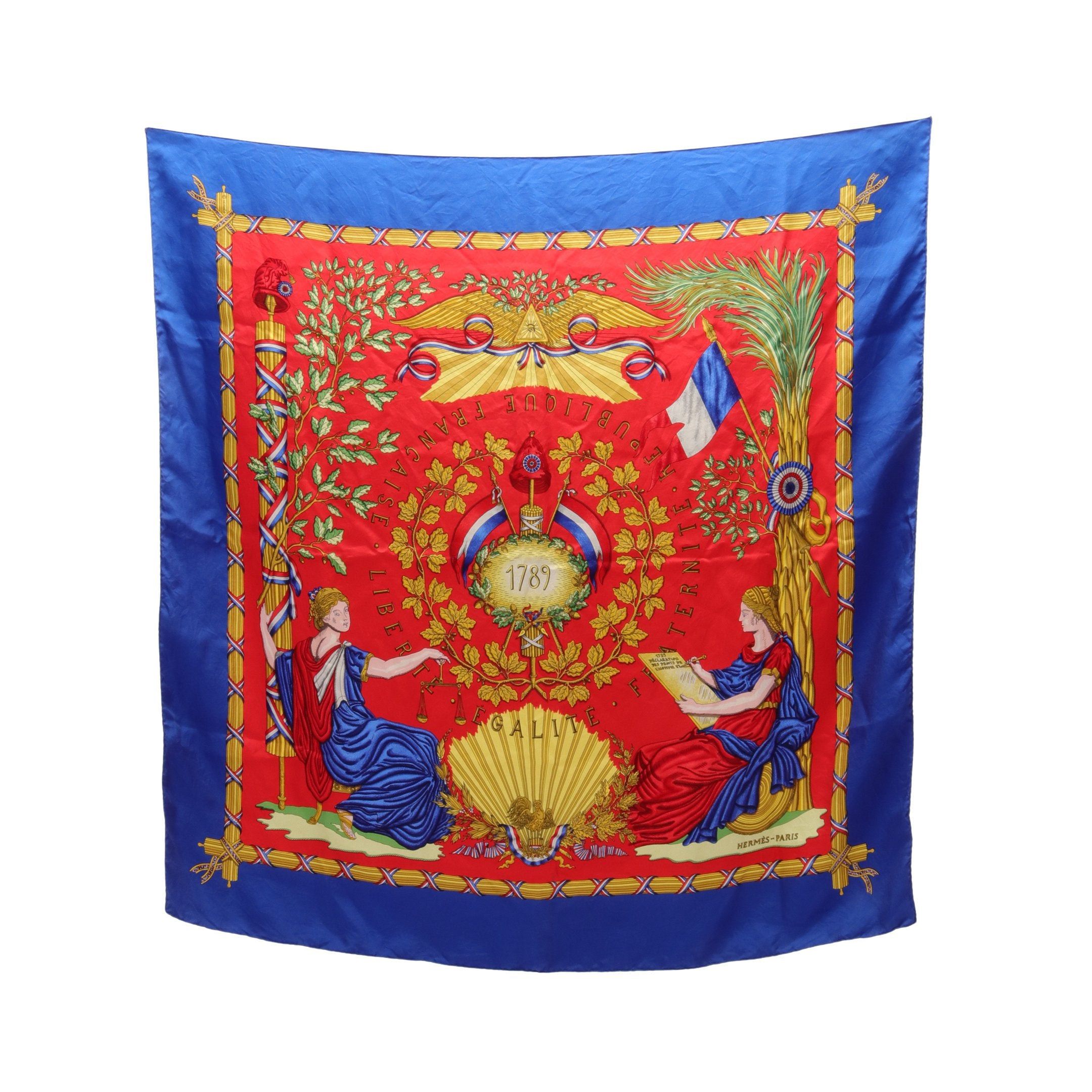 Hermes Hermes Carres 90 Liberte Egalite Fraternite Republique Francaise Scarf Silk Blue Red Multicolor Size ONE SIZE - 1 Thumbnail