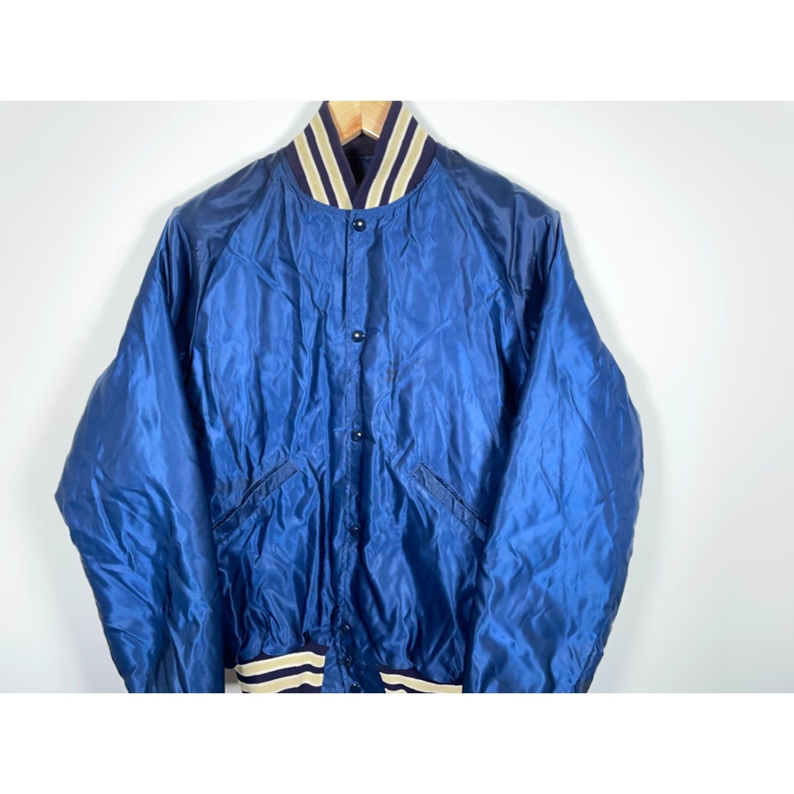 Vintage Vintage 80s Satin Bomber Jacket Adult Medium Blue Beige Trim USA Made Johnny Mac's Size US M / EU 48-50 / 2 - 4 Thumbnail