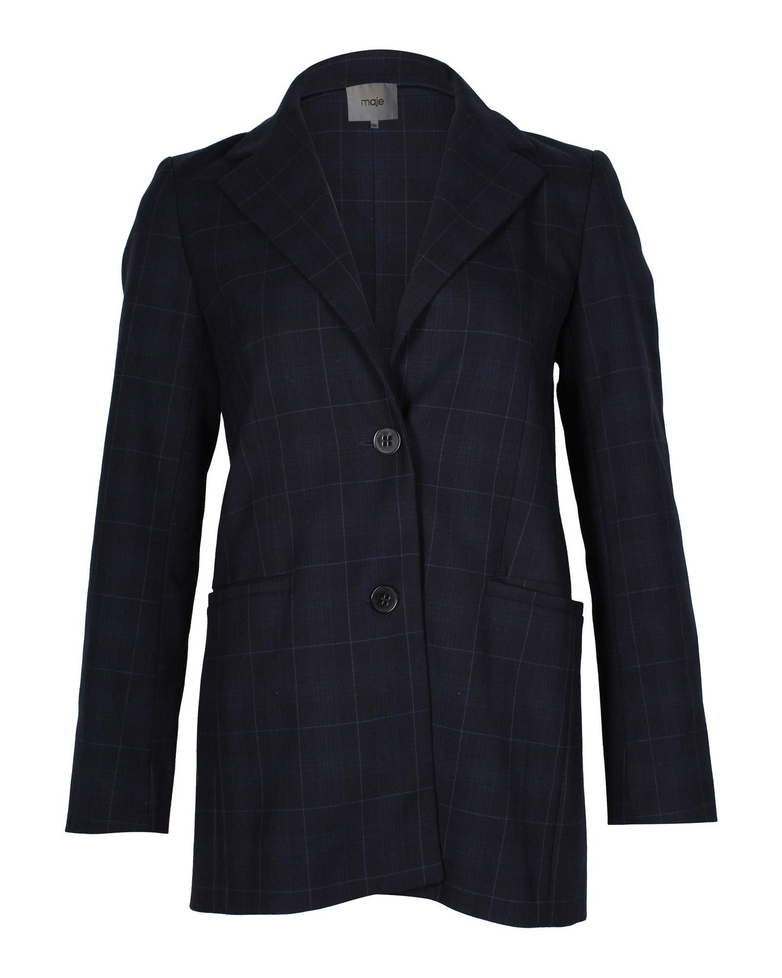 image of Maje Navy Blue Checked Blazer Jacket in Blue/Navy Blue, Women's (Size XS)