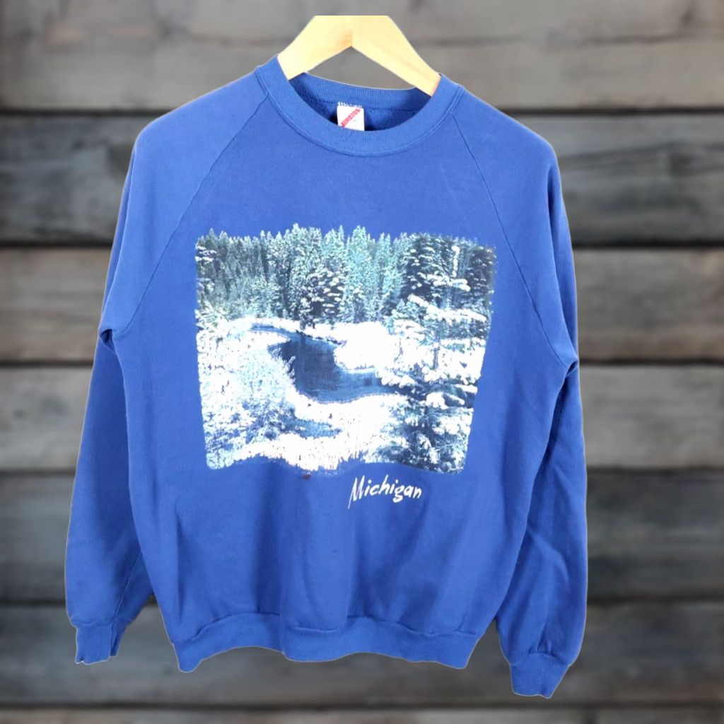 Jerzees VINTAGE Jerzees Michigan Scenic Winter Sweatshirt Raglan Sleeves L-XL Blue Women's Classic Crewneck VTG Size L / US 10 / IT 46 - 1 Thumbnail