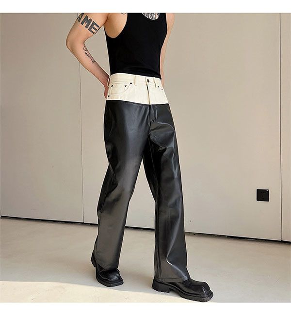 Jean × Leather Denim Matching PU Leather Straight Pants Size US 31 - 6 Thumbnail