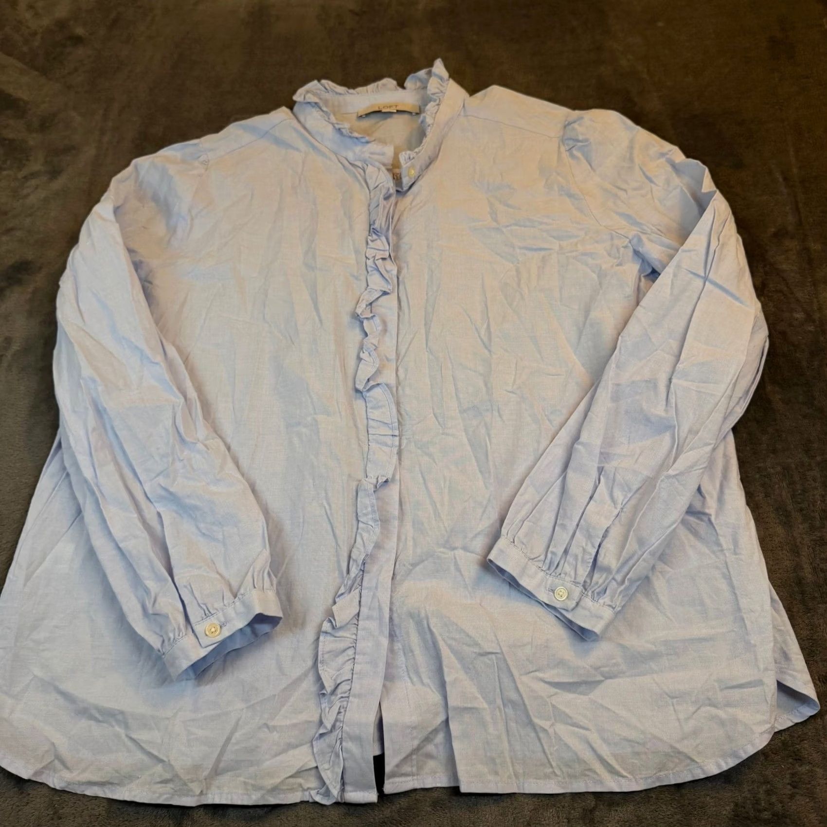 Loft LOFT Blouse Womens XL Light Blue Cotton Button Down Ruffle Trim Classic Shirt Small Details: Button, Collared, Long Sleeve, All Seasons, Workwear Size XL / US 12-14 / IT 48-50 - 3 Thumbnail