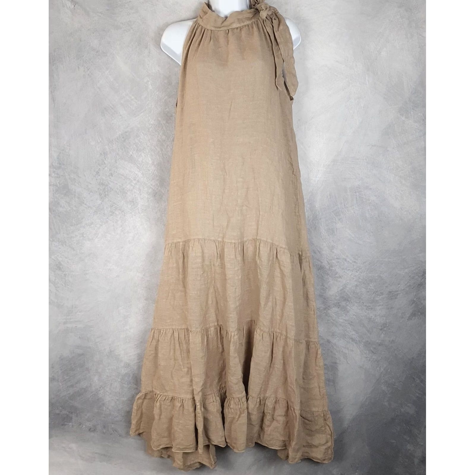 Vintage 100% Lino Dress Womens One Size Halter Maxi Linen Tie Bow Beach Boho Swing Casual Size ONE SIZE - 2 Thumbnail