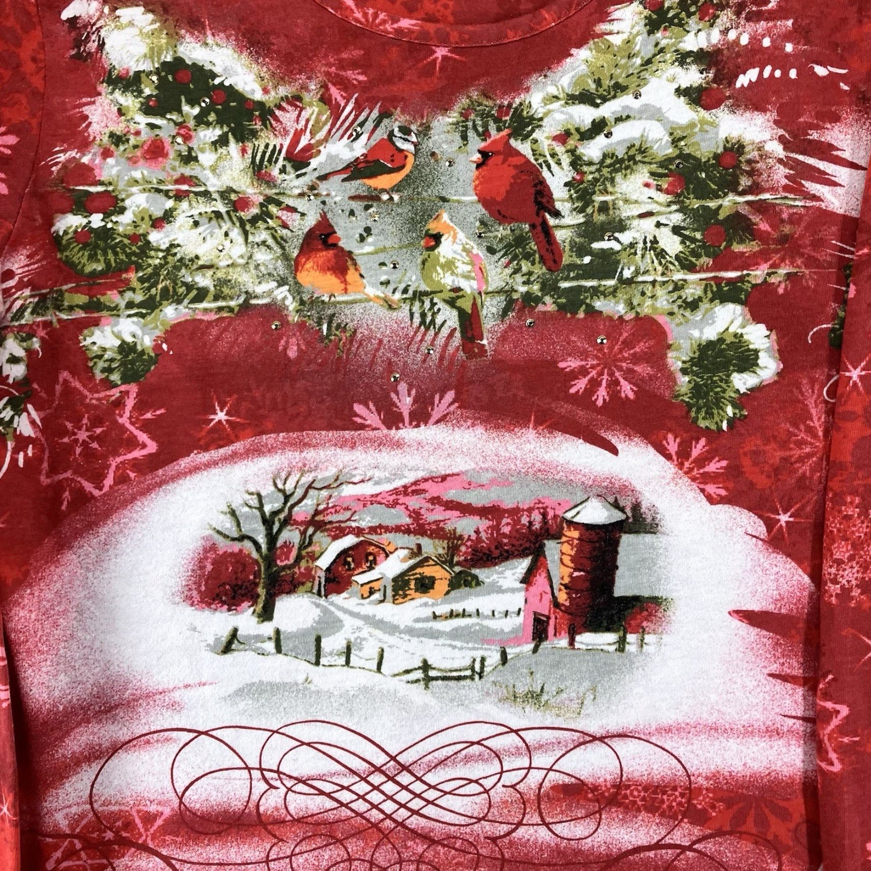 Basic Editions Women’s Blingy Christmas Shirt Graphic 50s 60s Retro Barn Cardinals Holly Medium Size M / US 6-8 / IT 42-44 - 3 Thumbnail