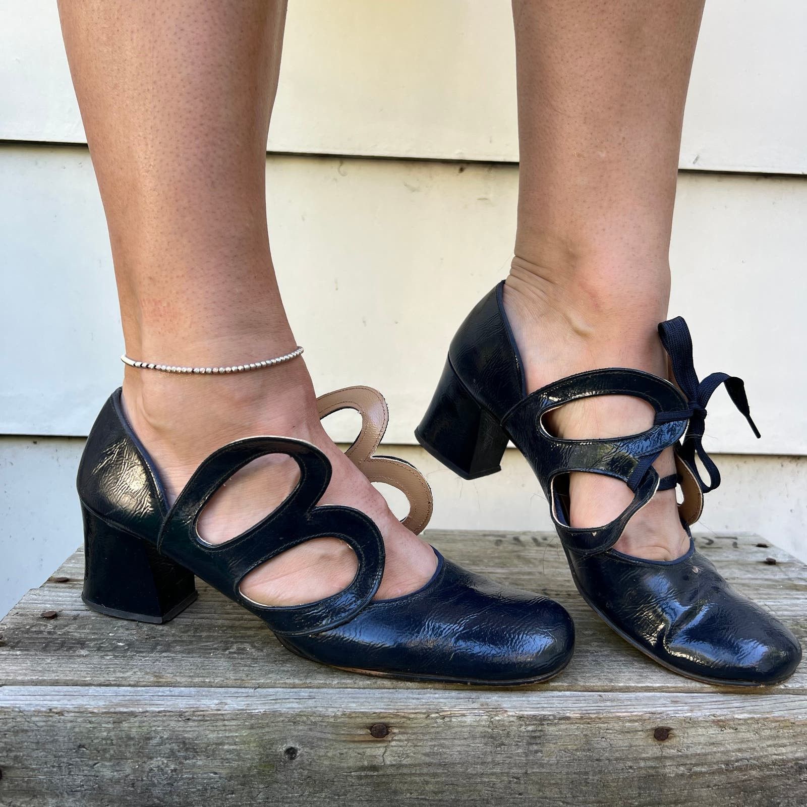 image of Vintage 60S Fantasy By Vogue Navy Patent Butterfly Wing Heel Shoes Pumps in Blue, Women's (Size 9.5