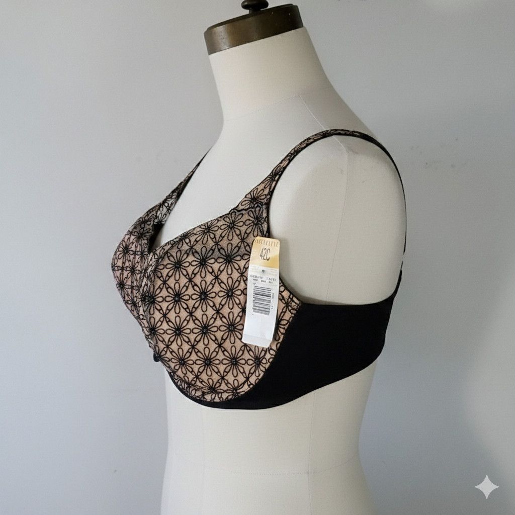 Other Vassarette 42C Bra NWT Black Beige Floral Full Coverage Ligh Size ONE SIZE - 2 Thumbnail
