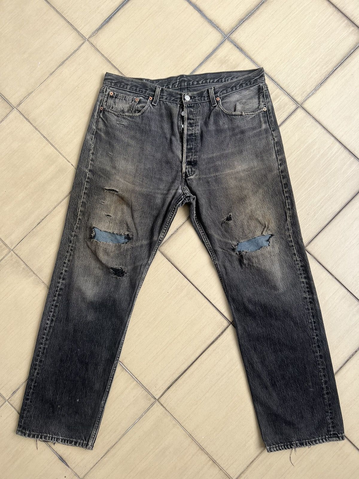image of Levis x Made In USA Vintage 1995 Levi’S 501 Distressed Faded Black Denim Jeans, Men's (Size 37)