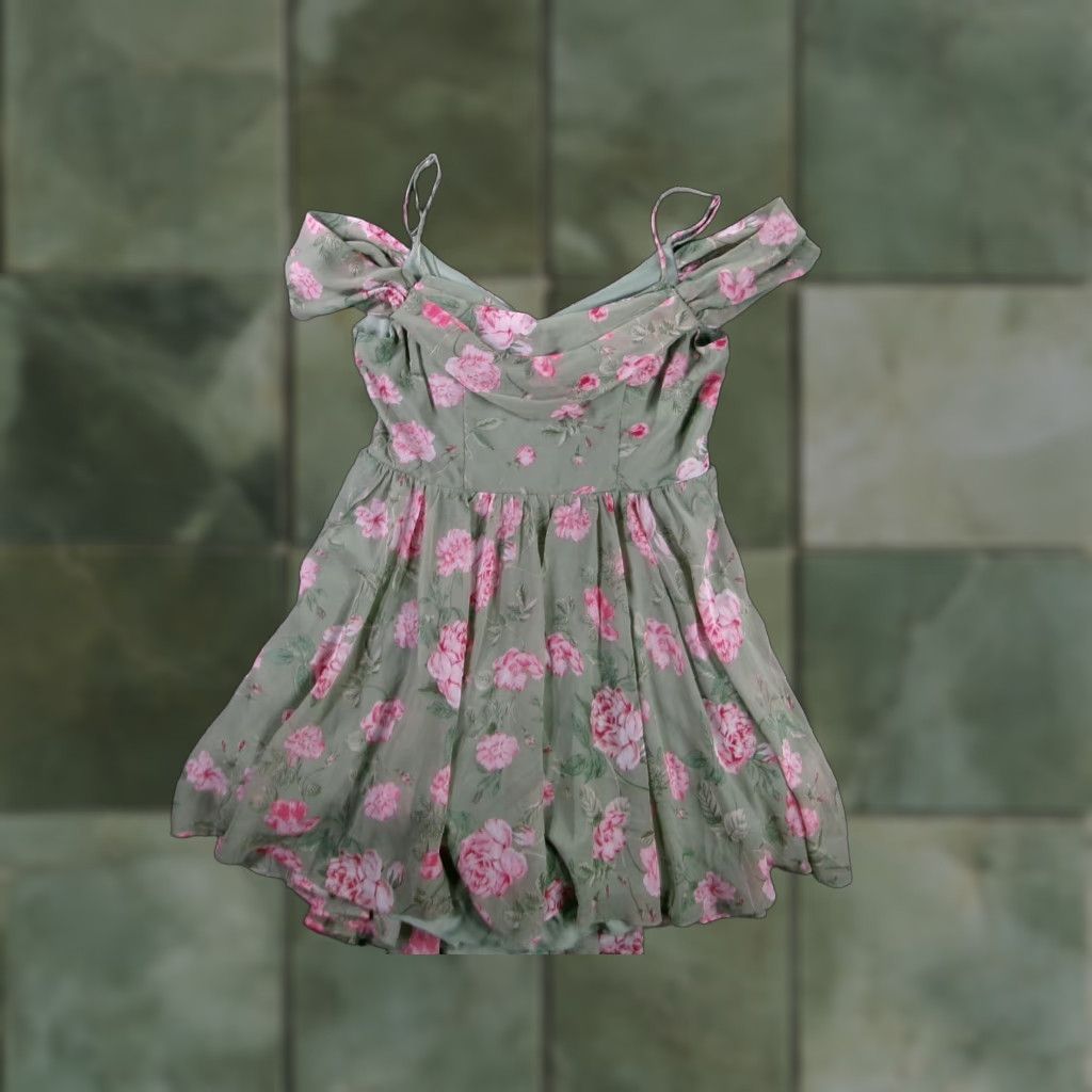 Vintage VINTAGE City Studio Dress Womens 11/12 Green Pink Floral Off Shoulder Spaghetti Strap Size L / US 10 / IT 46 - 1 Thumbnail
