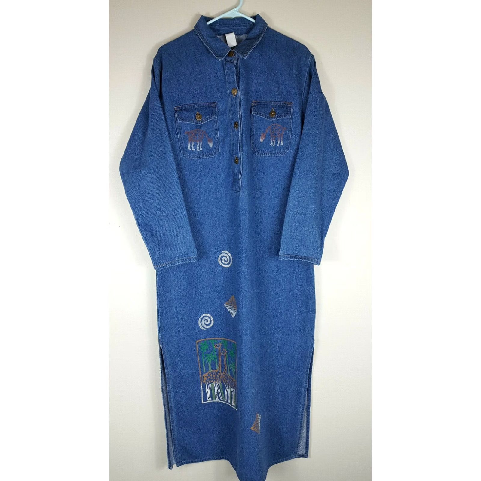 Folk VINTAGE Art Denim Long Sleeve Dress Womens L USA Made Blue 51 in Collared Button Retro Tribal Folk Art Casual Size L / US 10 / IT 46 - 2 Thumbnail