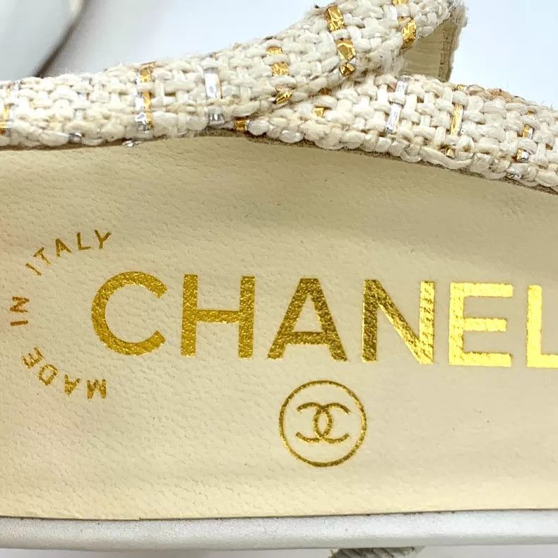 Chanel Chanel White woven tweed stitching thick high-heeled sanda Size US 7 / IT 37 - 7 Thumbnail