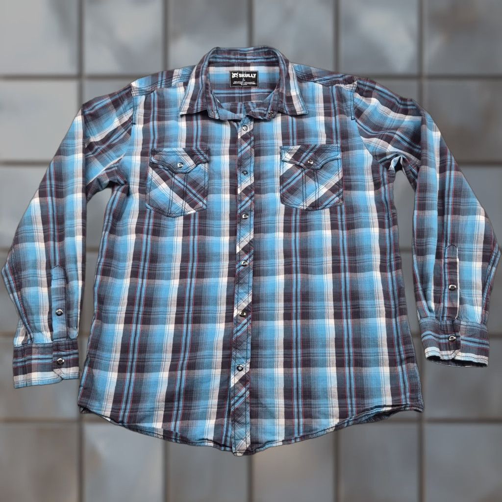Vintage Skully Pearl Snap Shirt Mens L Blue Plaid Cotton Long Sleeve Western Casual Shirt Size US L / EU 52-54 / 3 - 1 Thumbnail