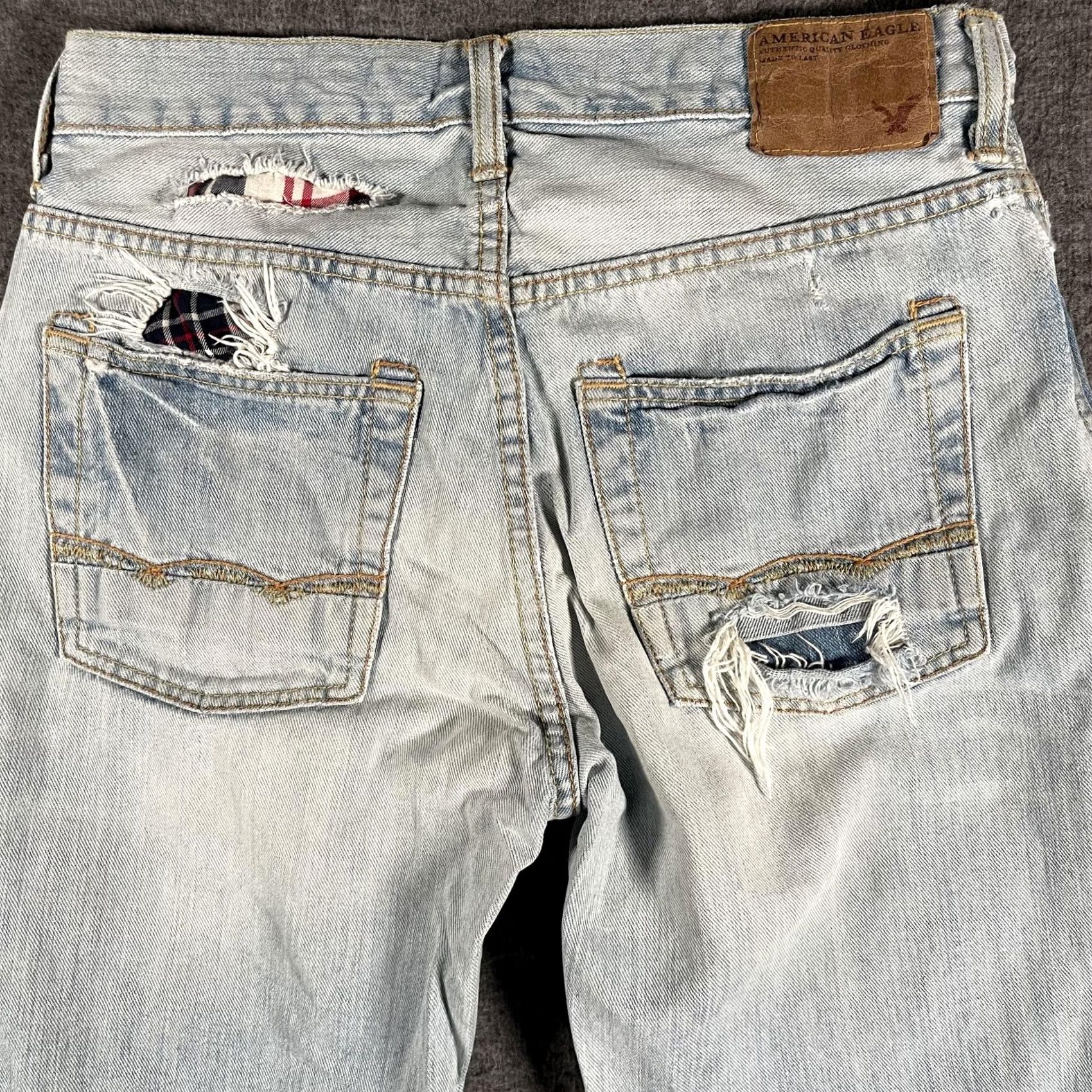 Vintage American Eagle Jeans Mens 29x29 Low Loose Relaxed Straight Distressed Blue Denim Pockets Distressed Plaid Patch Y2K Thrash Live Your Life Mens Jeans Size US 29 - 4 Thumbnail