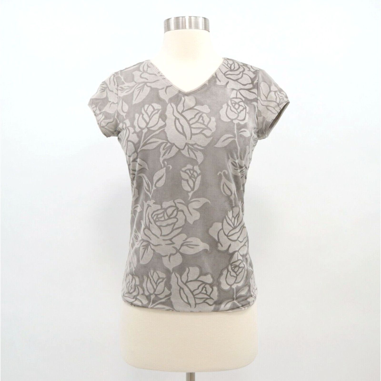 image of Giorgio Armani T-Shirt Top Blouse Womens Us8 It42 Floral Roses Gray Taupe V-Neck in White (Size Med