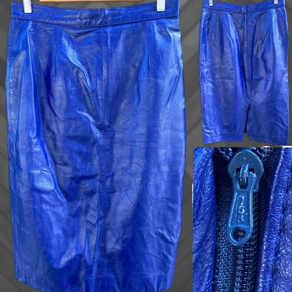 Vintage VINTAGE Blue Leather Pencil Skirt High Waist 1980s 80s Rocker Punk New Wave 30.5 inch waist Womens Size 24" / US 00 / IT 34 - 1 Thumbnail