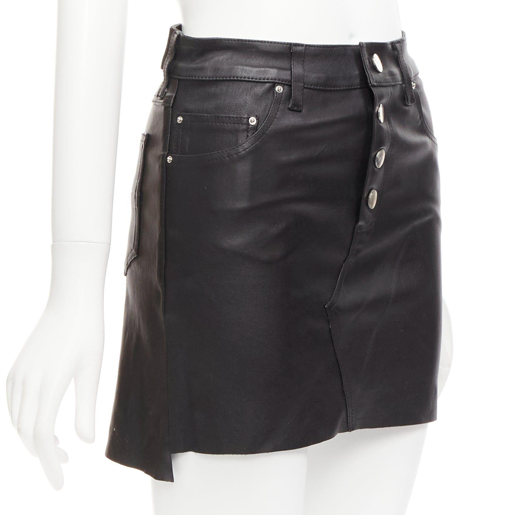 image of Amiri Black Genuine Leather High Low Back Pockets Mini Skirt Us0 Xs, Women's (Size 26)