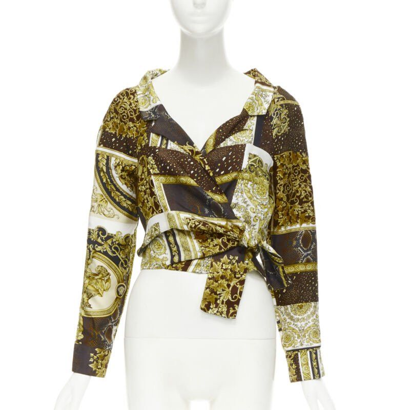 Versace new VERSACE 2021 Mosaic Barocco 100% silk print wrap tie cropped shirt IT38 XS Size XS / US 0-2 / IT 36-38 - 1 Thumbnail