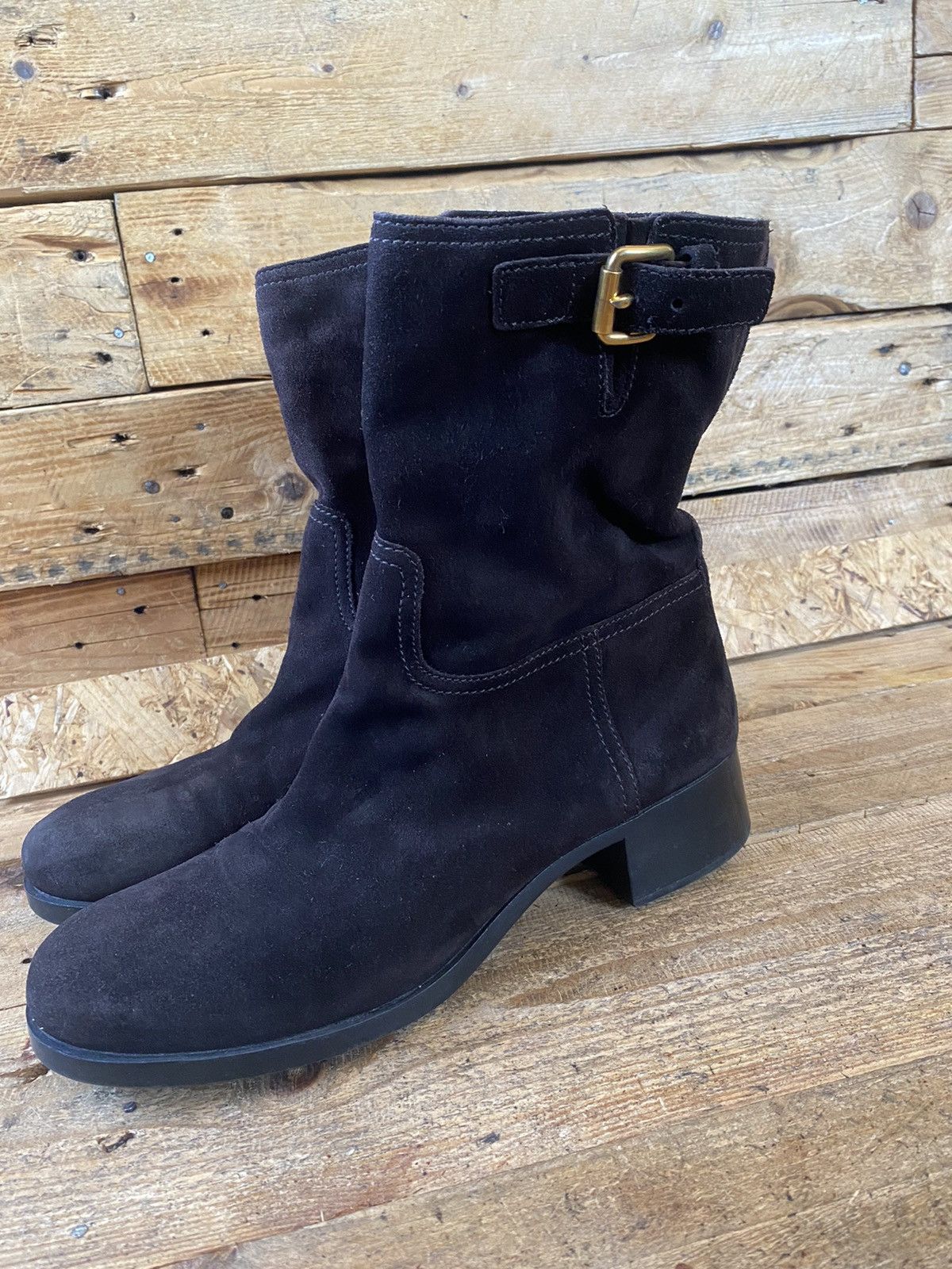 Designer × Prada × Vintage Prada suede choco brown moto biker ankle leather boots sz41 Size US 10.5 / IT 40.5 - 4 Thumbnail