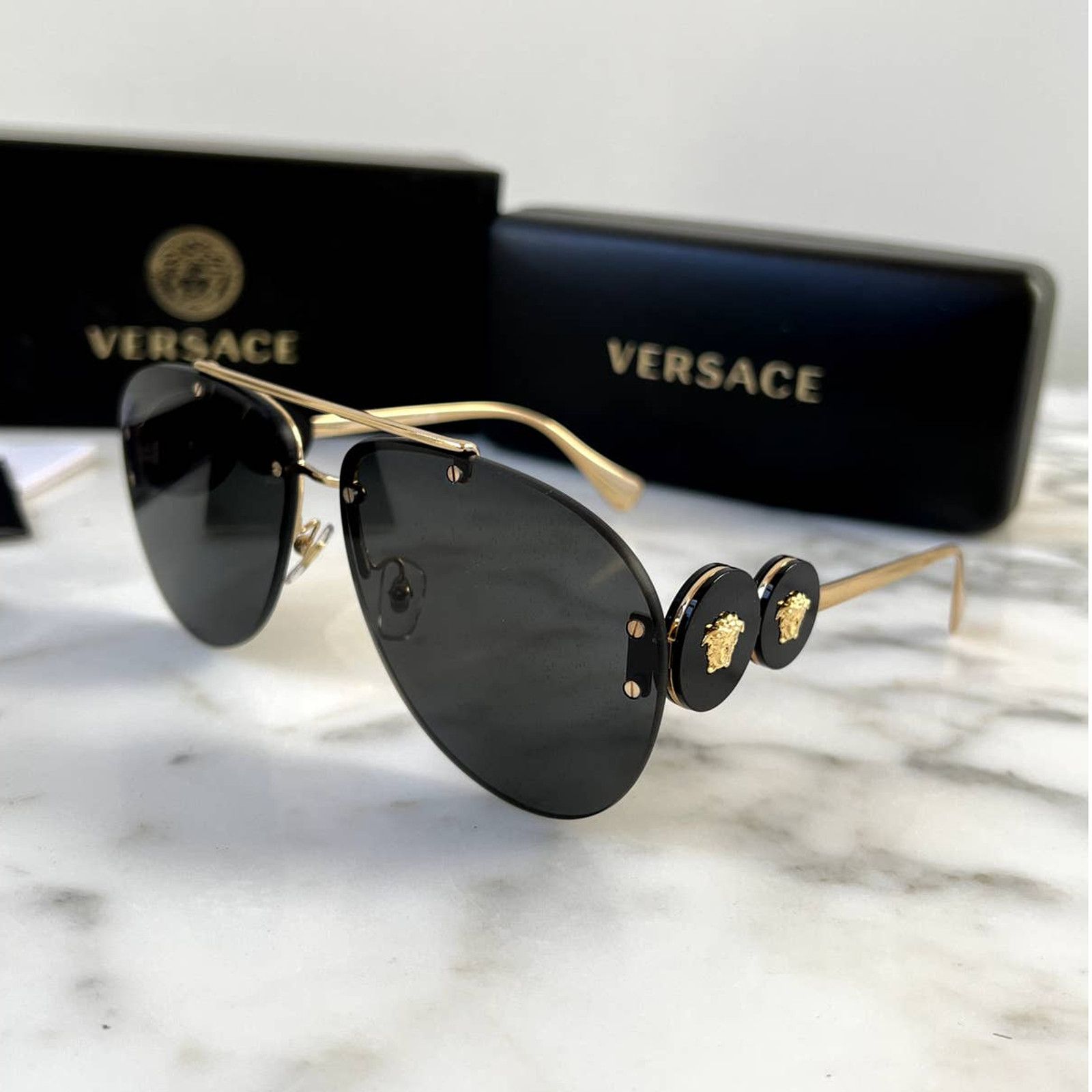 image of New Versace Ve2250 Aviator Sunglasses In Gold Black, Men's