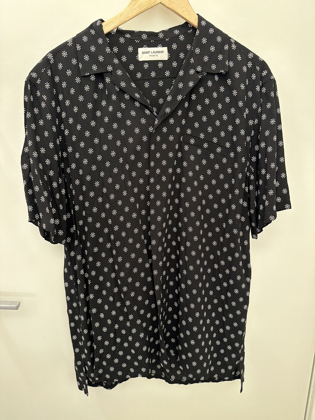 image of Saint Laurent Paris Abstract Print Short Sleeve Shirt in Black, Men's (Size Small)