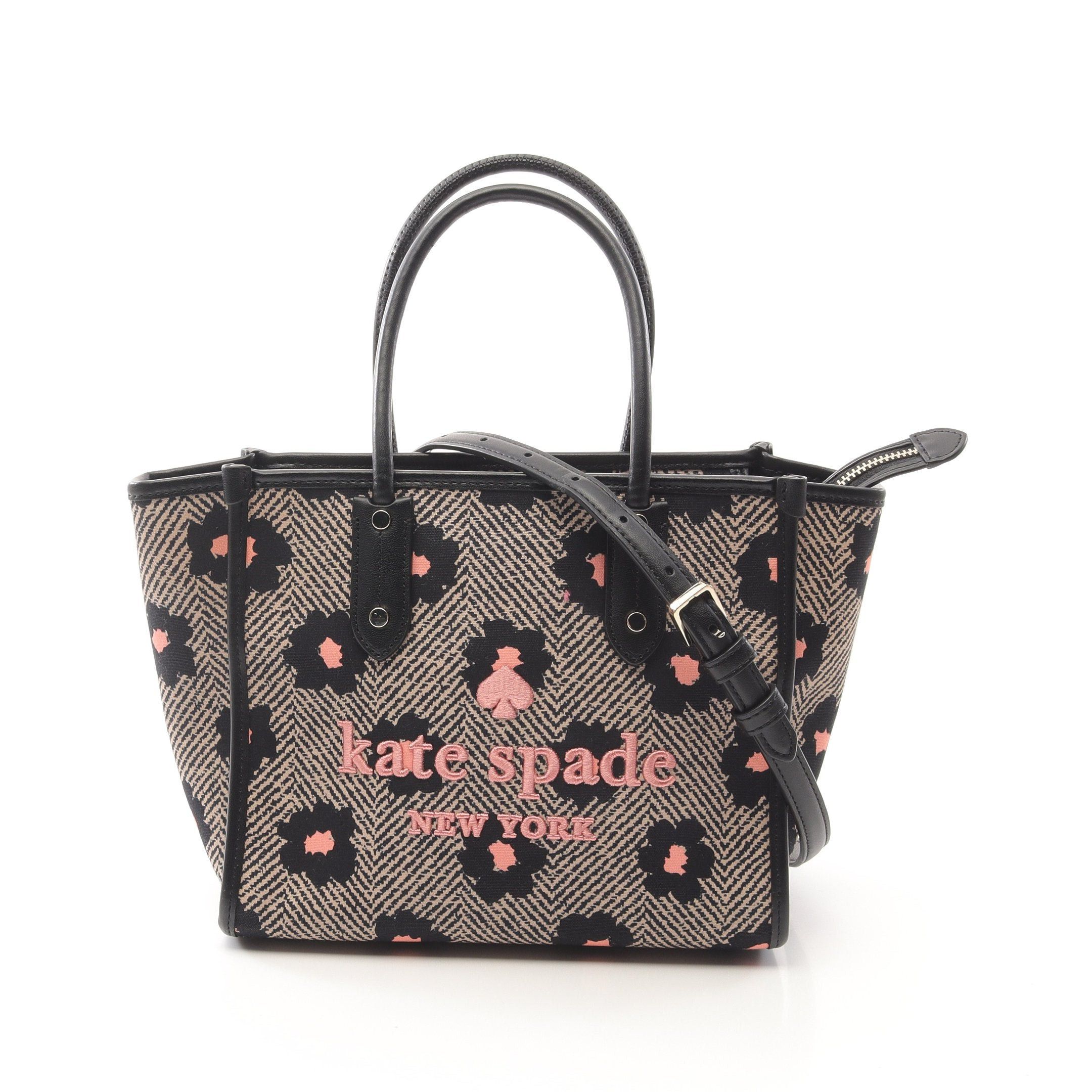 Kate Spade Ella Small Handbag Tote Bag Flower Canvas Leather Black Beige Pink
