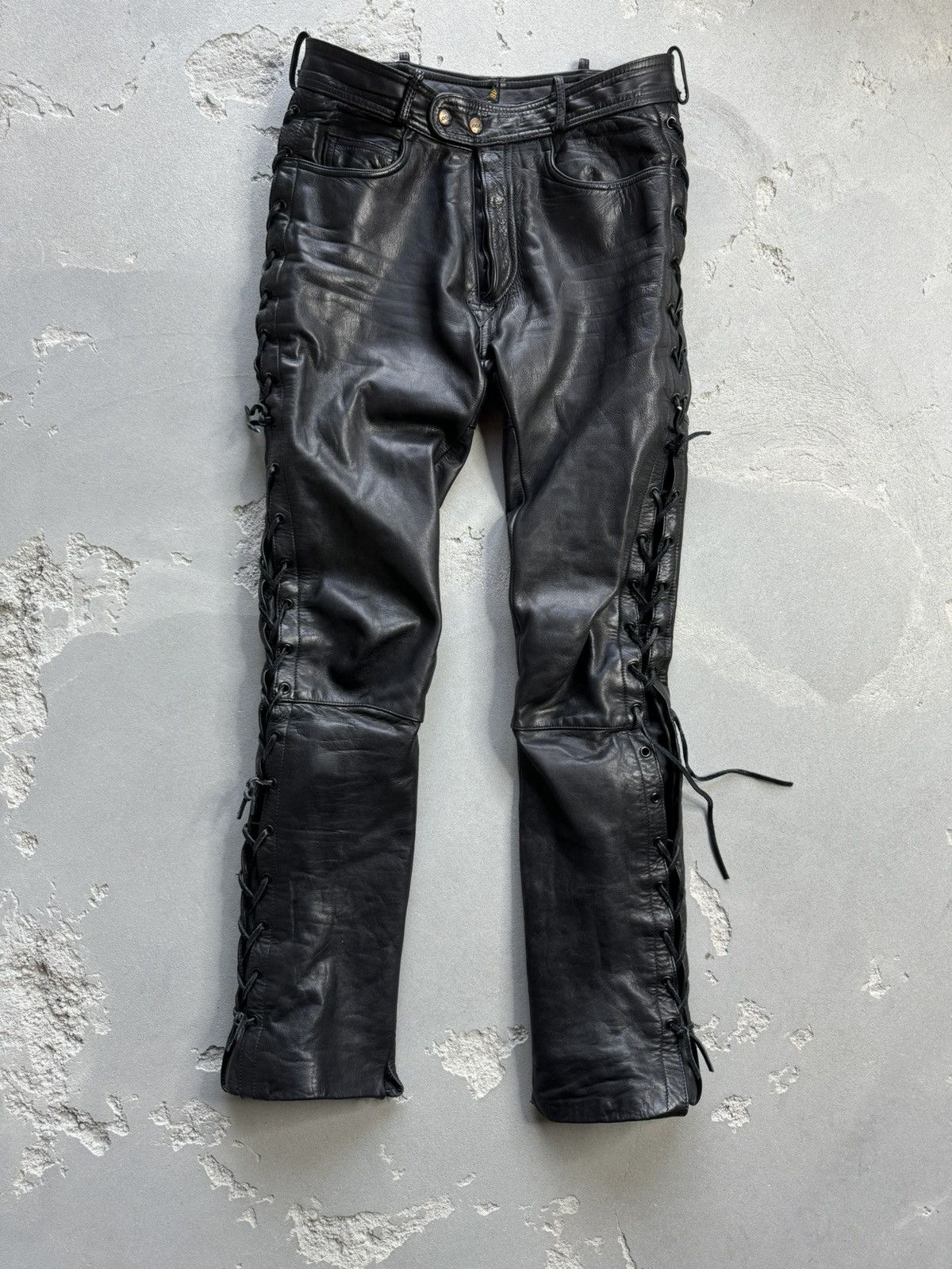 Leather Vintage Real Leather Cowhide Side Laces Biker Pants 7298AC Size US 32 / EU 48 - 3 Thumbnail