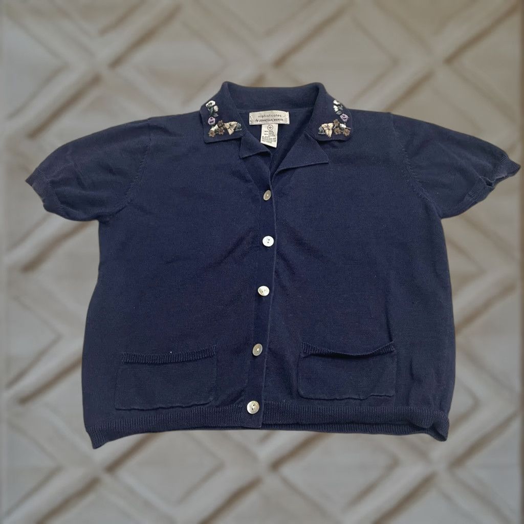 Vintage VINTAGE Jonathan Martin Sweater Cardigan Women 10 Blue Embroidered Knit Cotton Ramie Short Sleeve Classic Designer Women Size L / US 10 / IT 46 - 1 Thumbnail