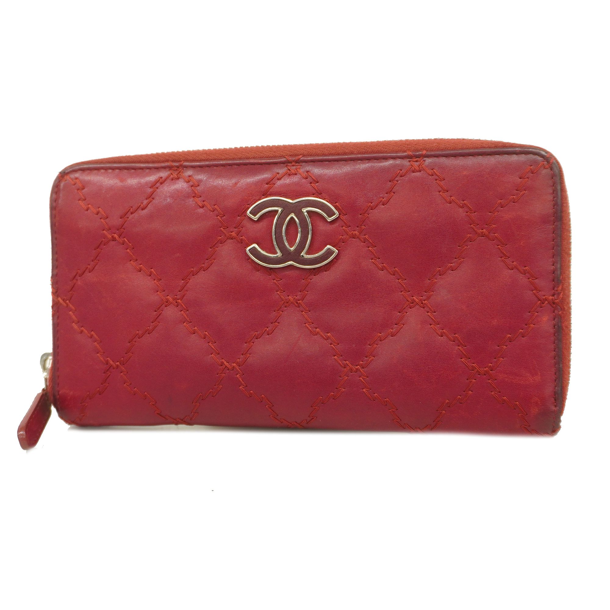 Auth CHANEL Matelasse Coco Mark Long Wallet enamel leather Red Cross-stitch